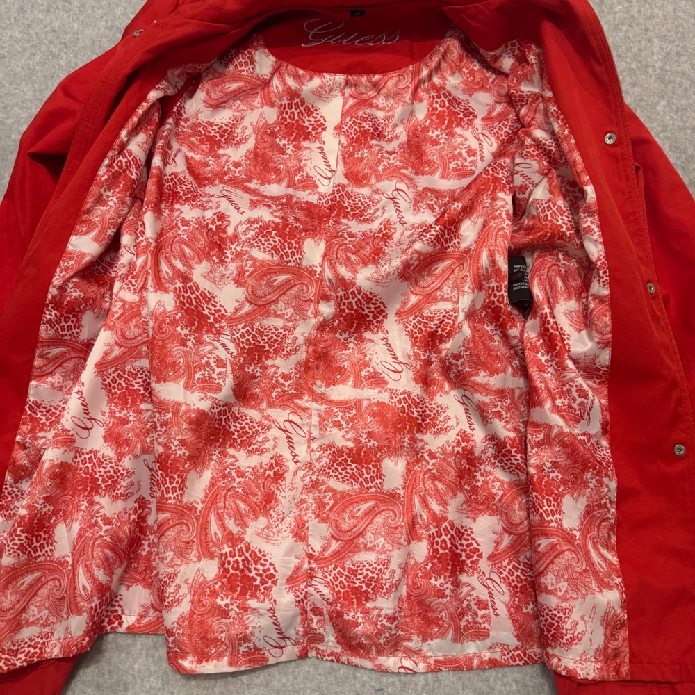 Guess‎ Womens Red Belted Trench Coat Pleated Hem Paisley Lining Large Y2K - Picture 10 of 15